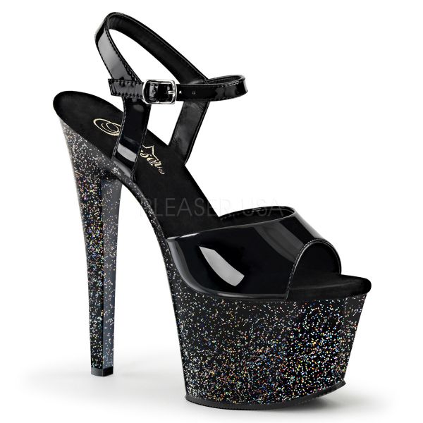 Schwarze Lack Riemchen Sandalette mit Mult Glitter Plateau SKY-309MG